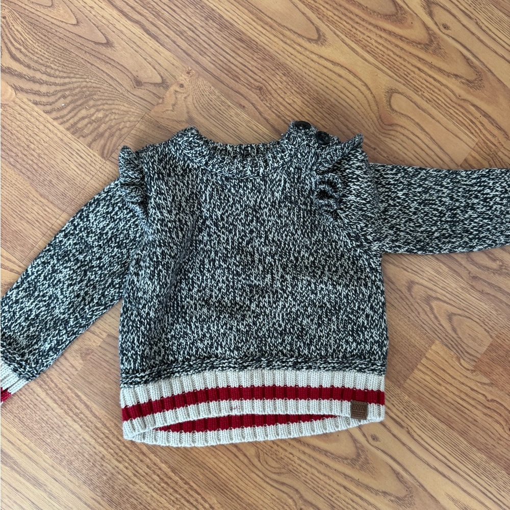Roots Cabin Marled Black and White Knit Sweater with Red Trim